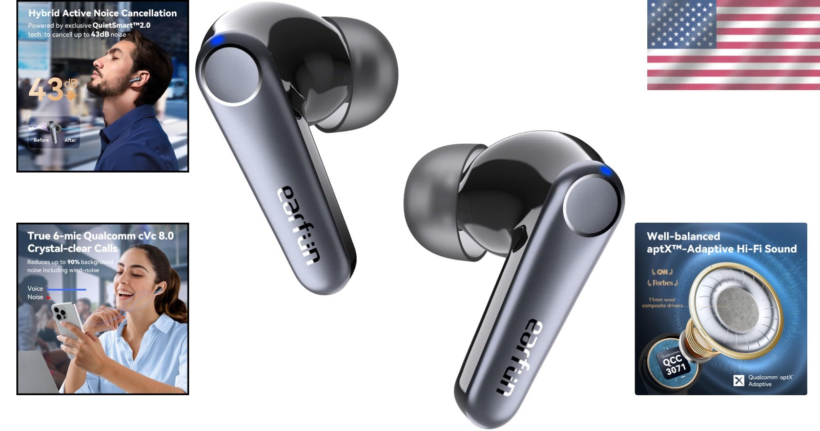 Earbuds Air Pro 3: 11mm Drivers, 45H Playtime, App EQ, Wireless Chg
