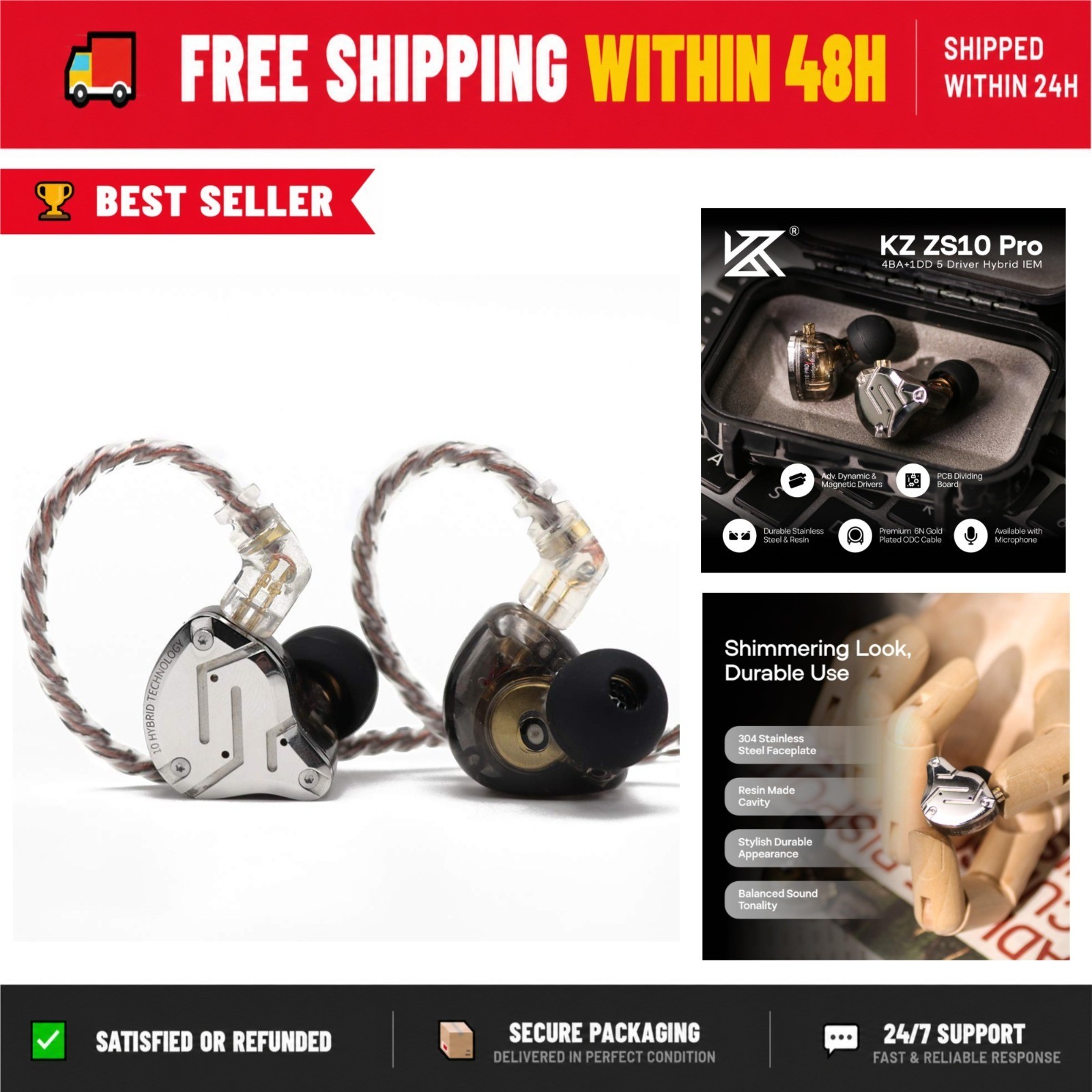 KZ ZS10 Pro Wired Earbuds 4BA+1DD HiFi Gaming Earphones Black