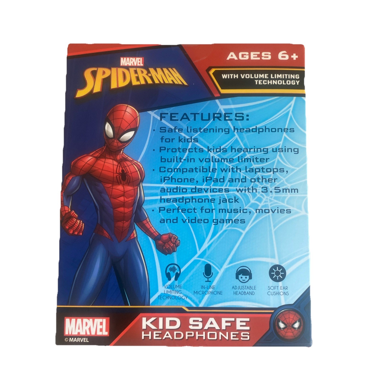MARVEL SPIDER-MAN KID SAFE HEADPHONES IN LINE MIC ADJ HEADBAND NEW FREE SHIPPING