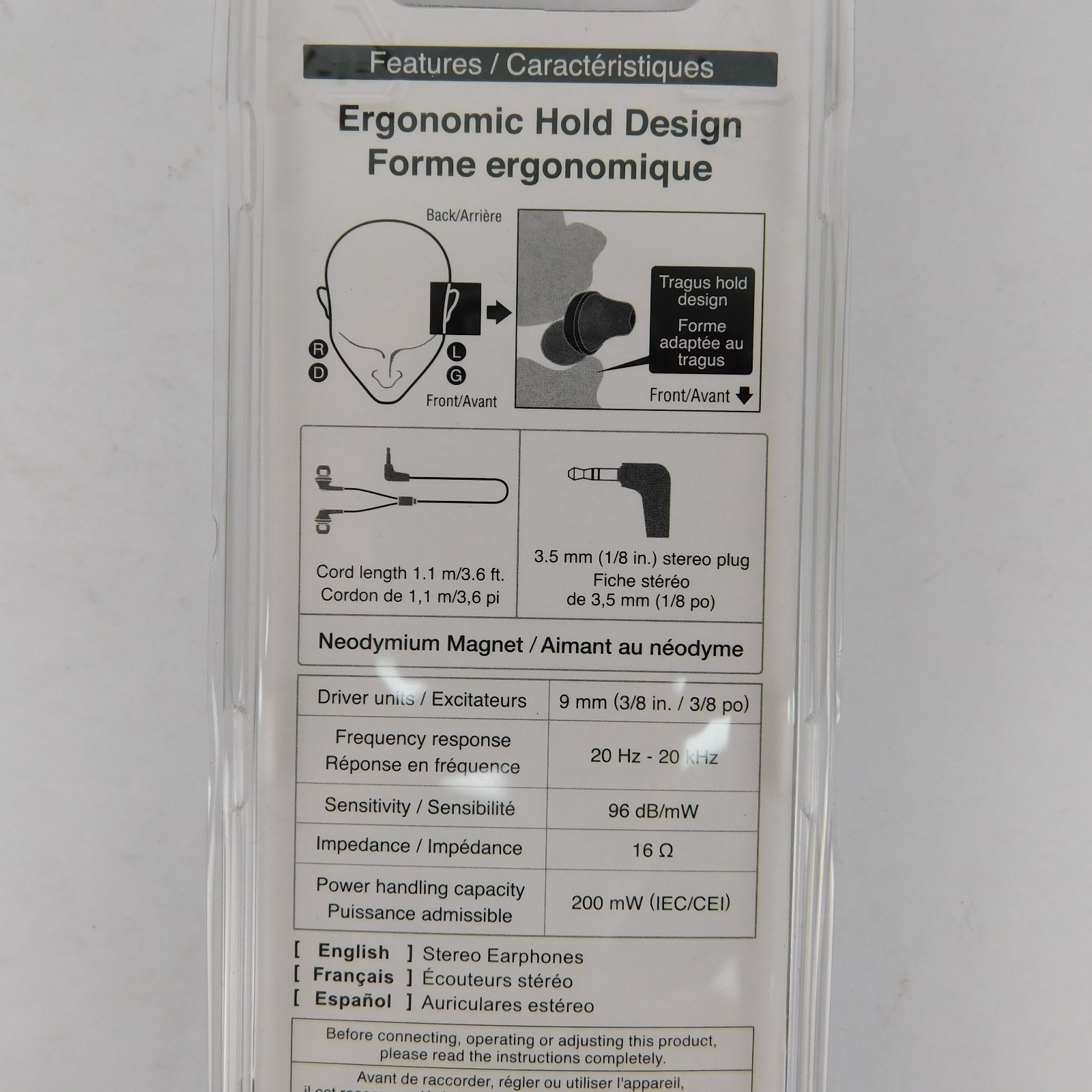 Panasonic RP-HJE120 ErgoFit Earbud Headphones Ergonomic Hold Design Black NEW