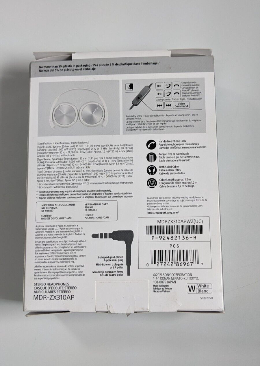 Sony MDR-ZX310AP On-Ear Headphones with Microphone- White