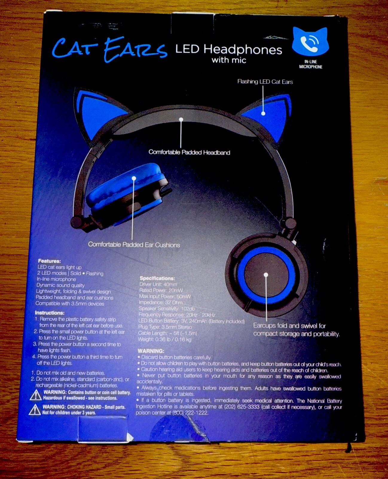 Hype Cat Ears LED Blue Light Headphones With Microphone in Line