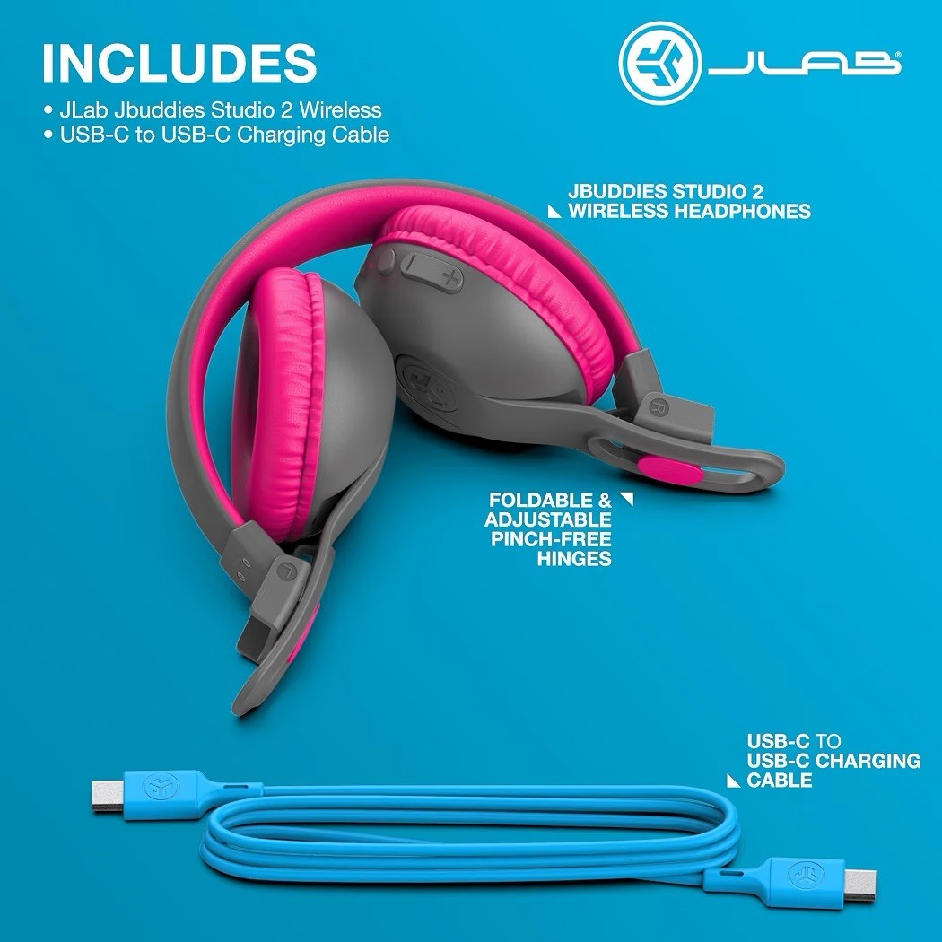 JLAB JBuddies Studio 2in1 Wireless+Wired Kids Headphones Grey&Pink – NEW