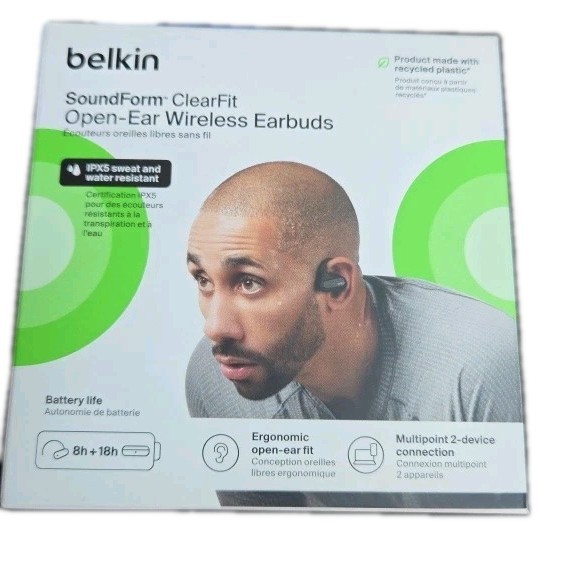 Belkin SoundForm ClearFit Open Ear Wireless Earbuds Sweat Water Resistant Black