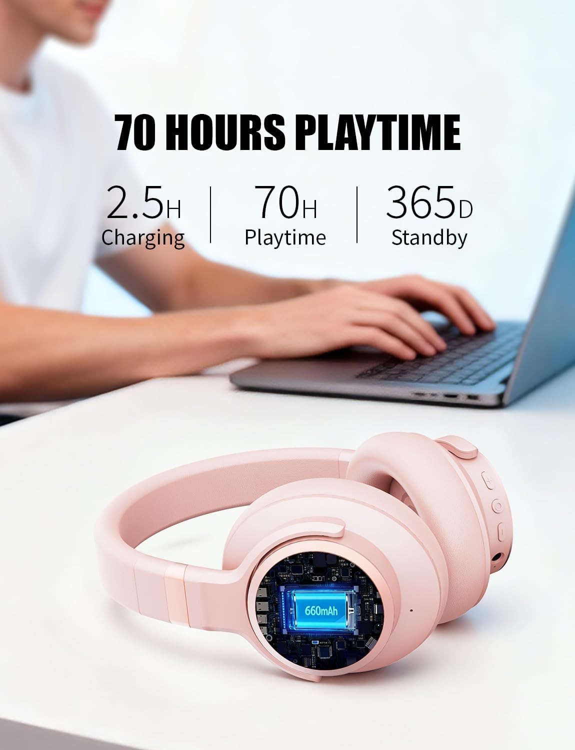 Lightweight Hybrid Noise Cancelling Headphones with Transparency Mode – Pink