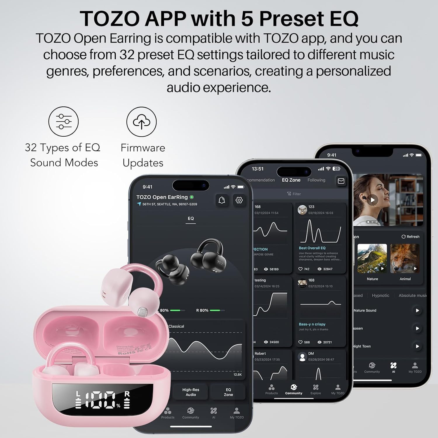 TOZO OpenEarRing True Open Ear Earbuds, Lightweight Comfort Open Ear Clip Wirele