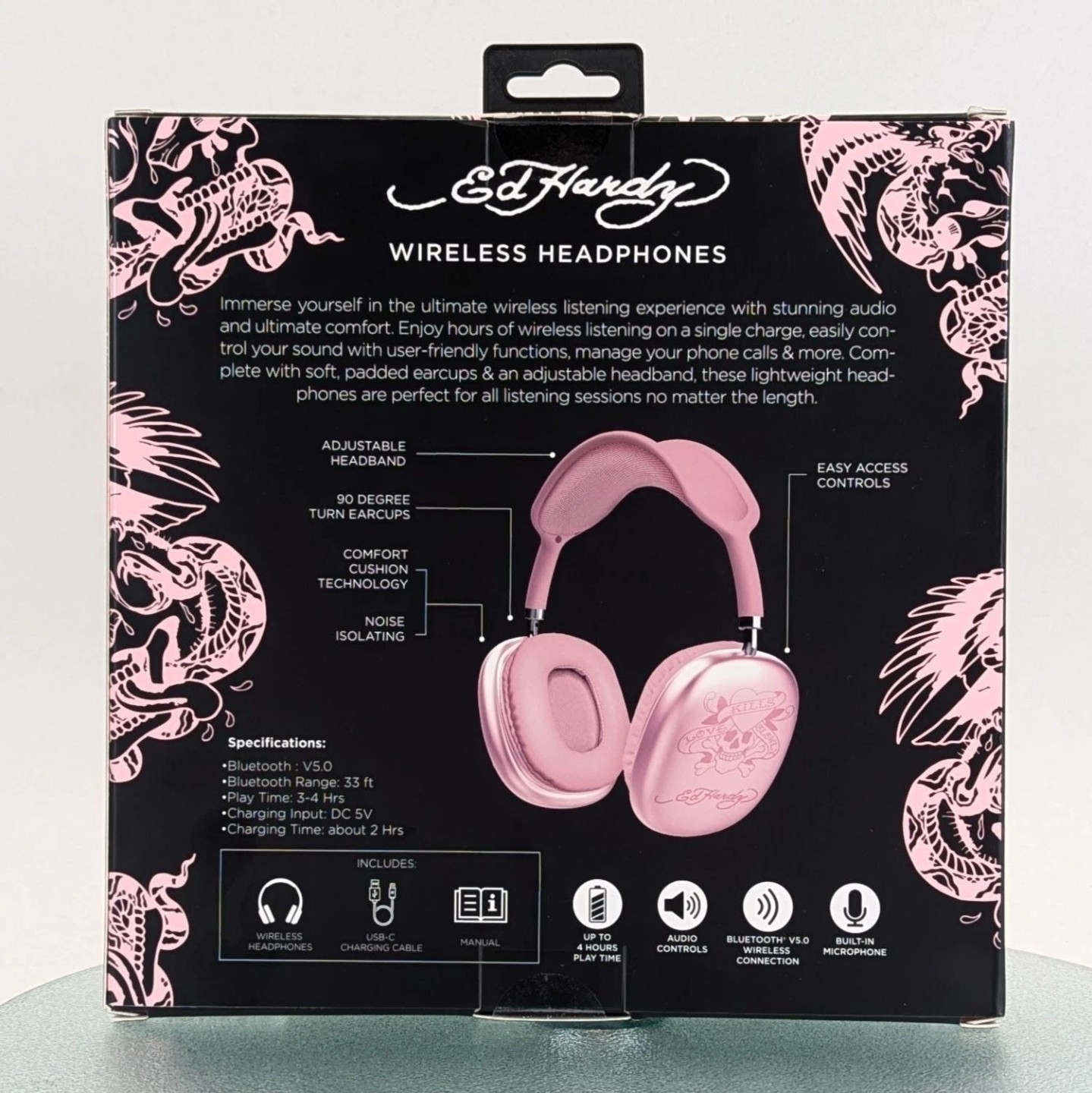 Ed Hardy Pink/Black Over-Ear Bluetooth Wireless Headphones w/ Mic & Controls