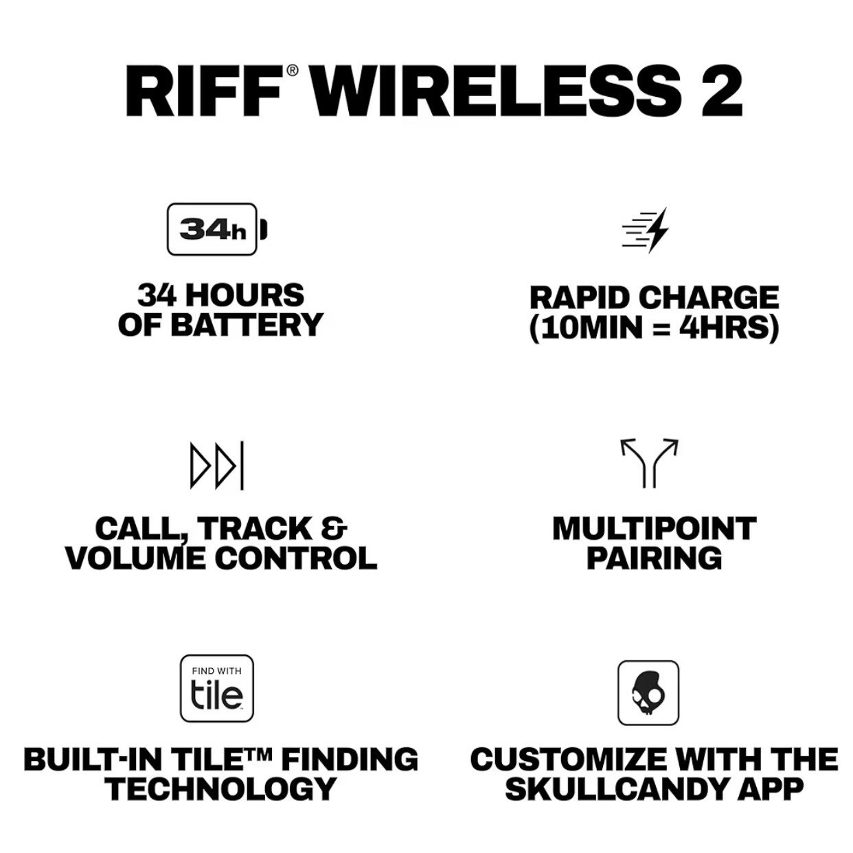 Skullcandy Riff 2 Wireless Bluetooth On-Ear Headphones 34Hr Battery Black (NEW)