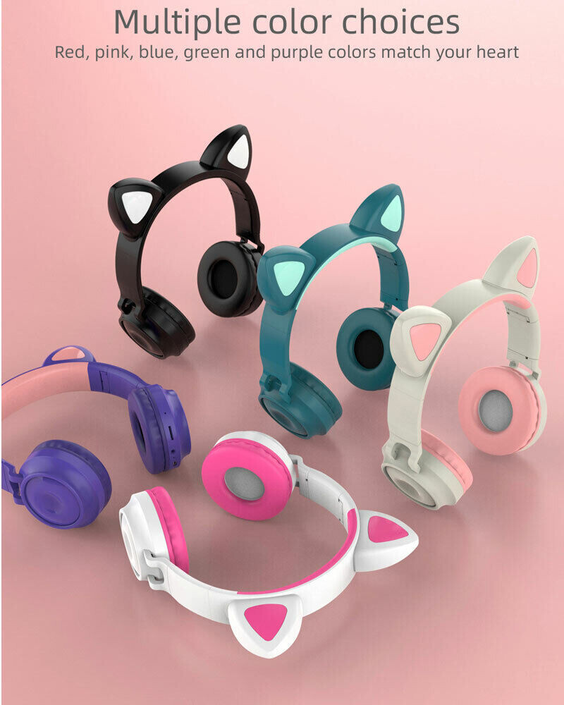 Bluetooth Wireless Cat Ear Headsets LED w/Mic Headphones For Kids Girls