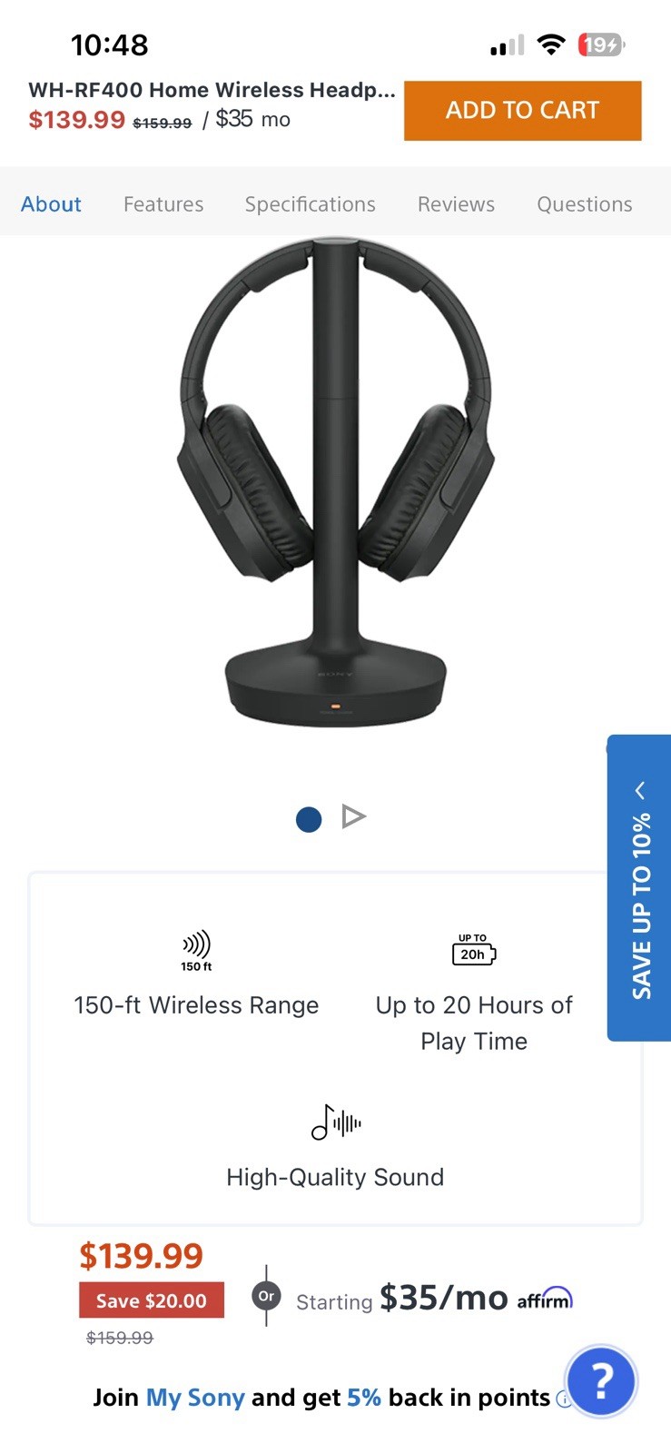 Sony WH-RF400 RF Wireless Home Theater Headphones Open Box Never Used