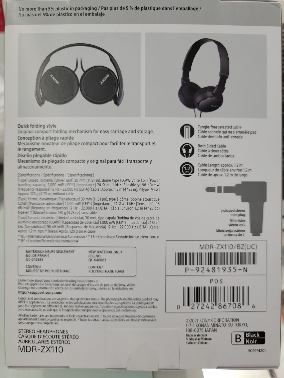 Sony MDR-ZX110 – Black – Wired Over Ear – Quick Folding Style – New – Sealed Box