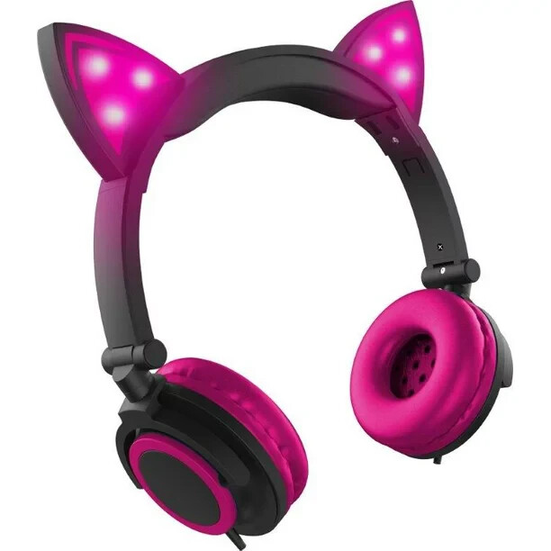 Headphones LED Light Up Music Listening Fun Blue Cat Ear