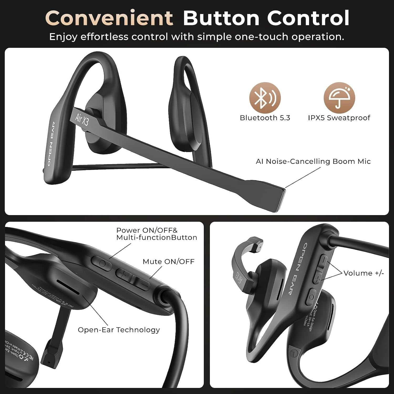 Open Ear Bluetooth Headphones with Mic, Black, AI Noise Reduction, Mute Button
