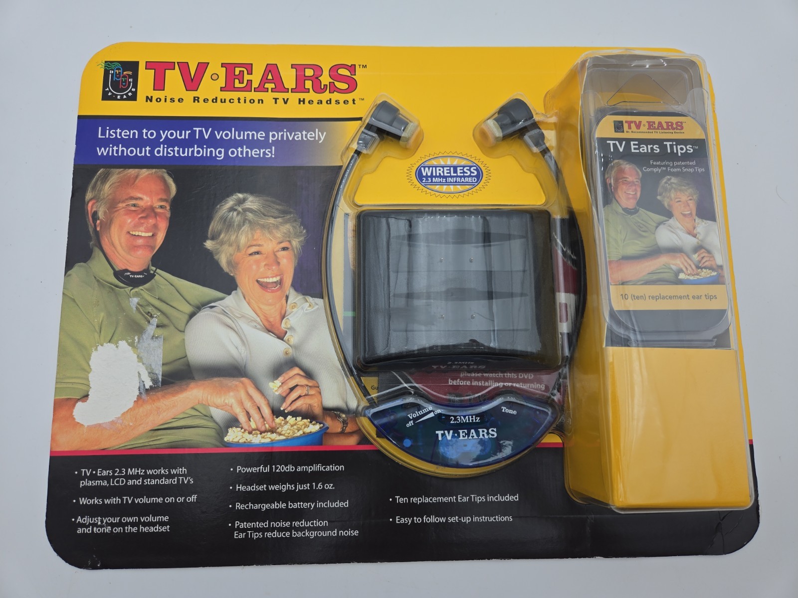TV Ears Noise Reduction TV Headset Yellow Card Wireless 2.3 Mhz Infrared NIB