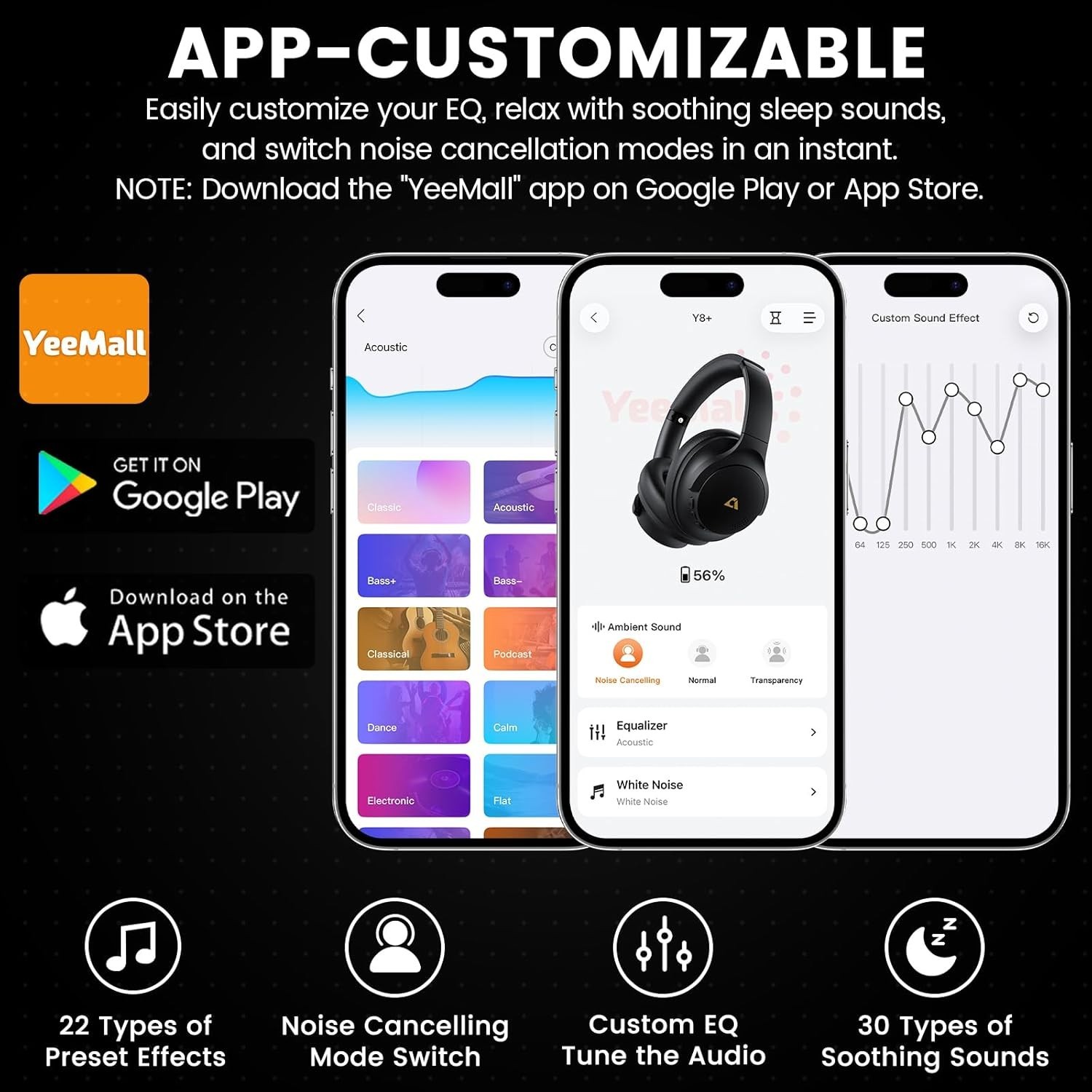 AI Y8+ Noise-Cancelling Bluetooth Headphones, Over-Ear Hi-Res Audio, 100H Use