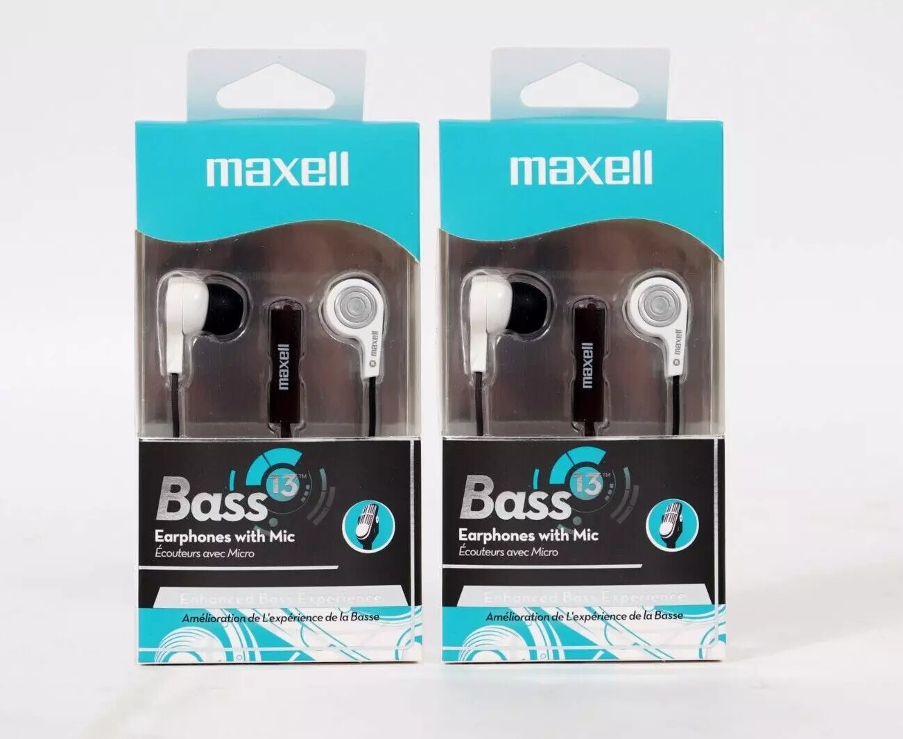 (LOT OF 2) Maxell 199725 B-13W Earbuds Mic White Heavy Bass Noise Isolating