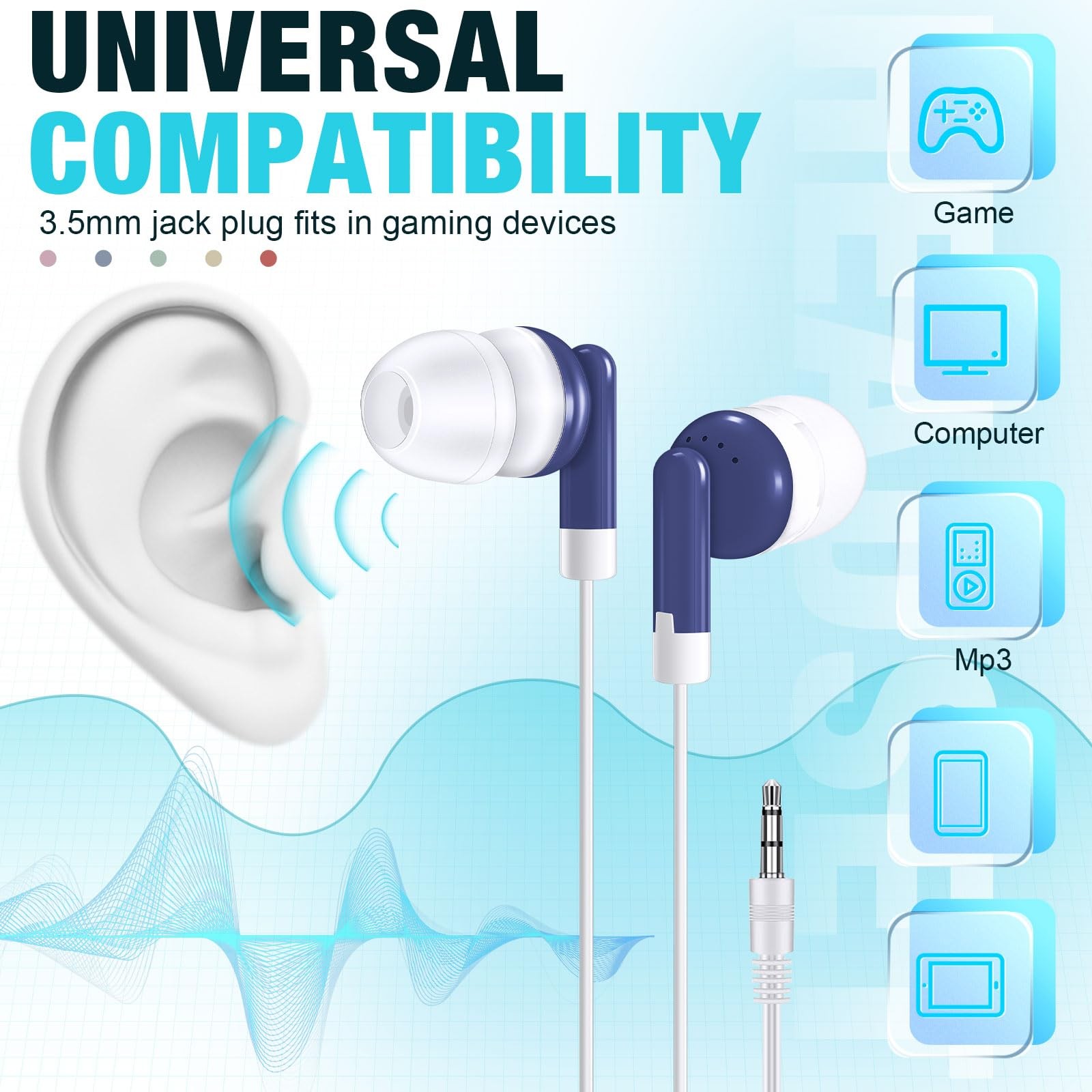 Konohan 100 Pack Bulk Wired Earbuds Multicolor Headphones for School Library