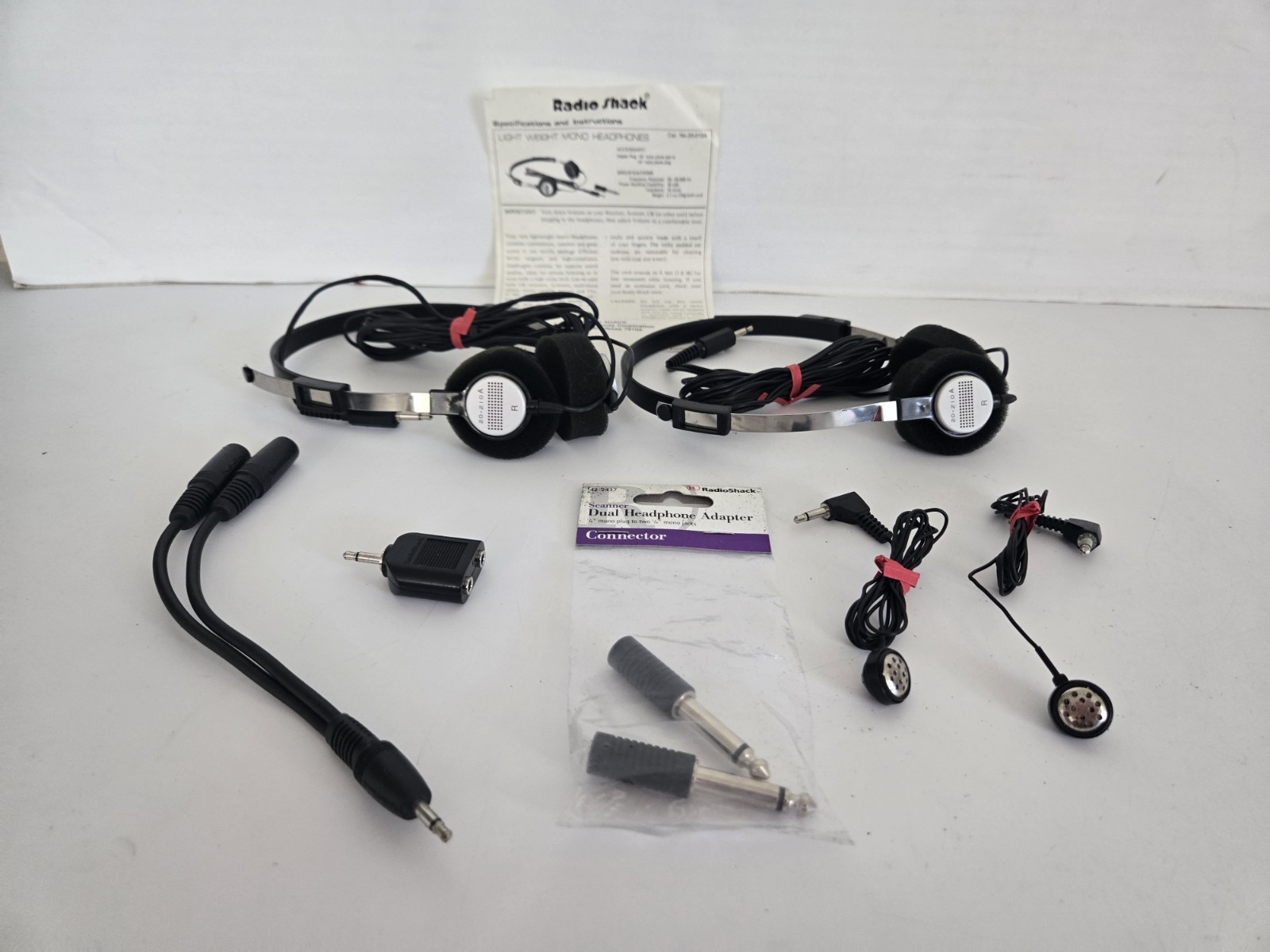 2 Radio Shack Lightweight Mono Headphones #20-210A & Extras FREE SHIPPING