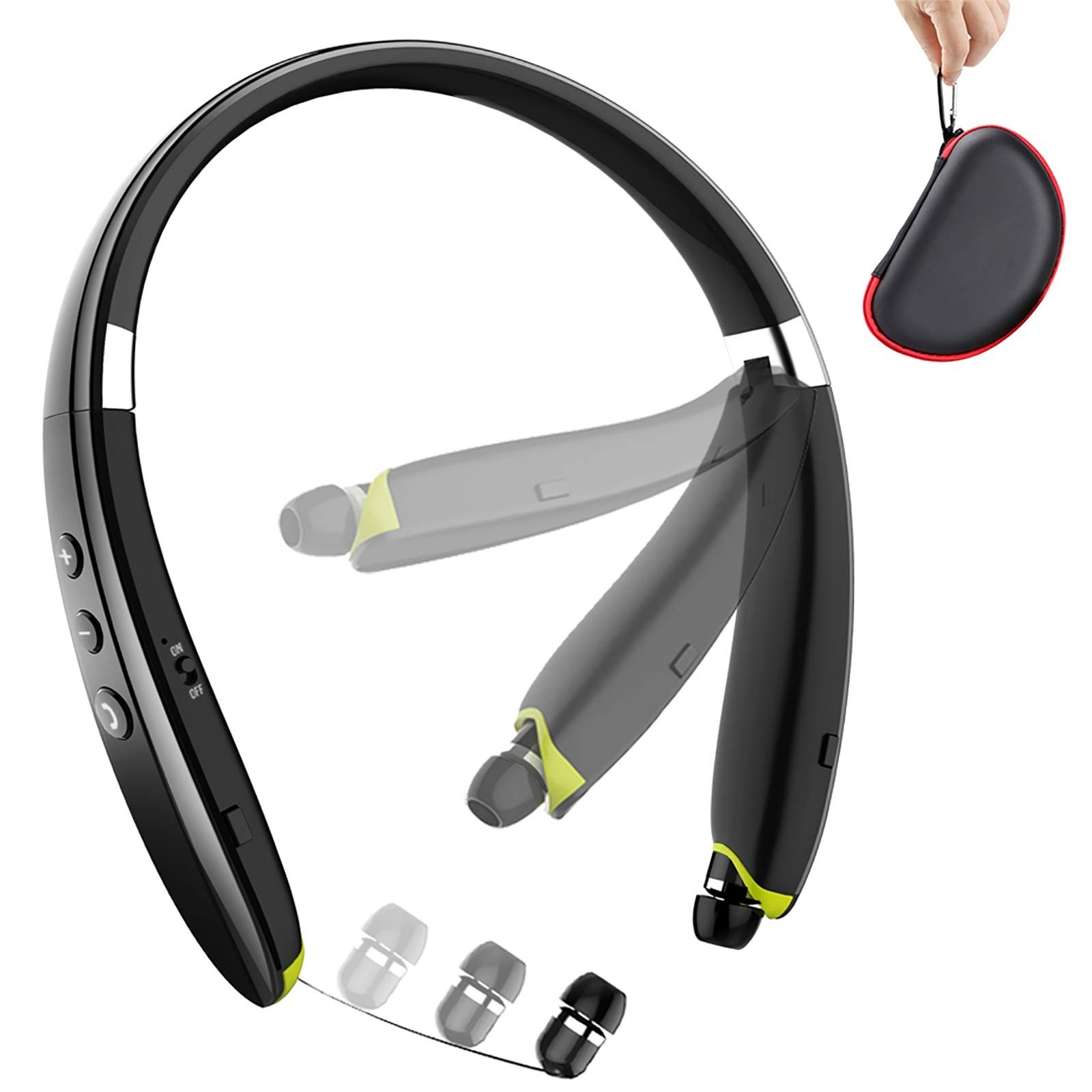 Wireless Bluetooth Neckband Headphones, Foldable Retractable Earbuds, Noise Canc