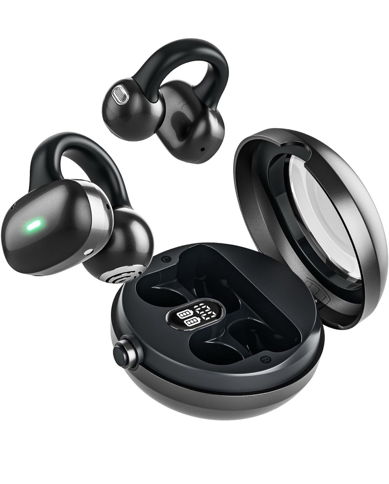 T18 Bluetooth Ear-Hook Clip-On Wireless Earbuds w/ LED Case, Mic, Touch, Black
