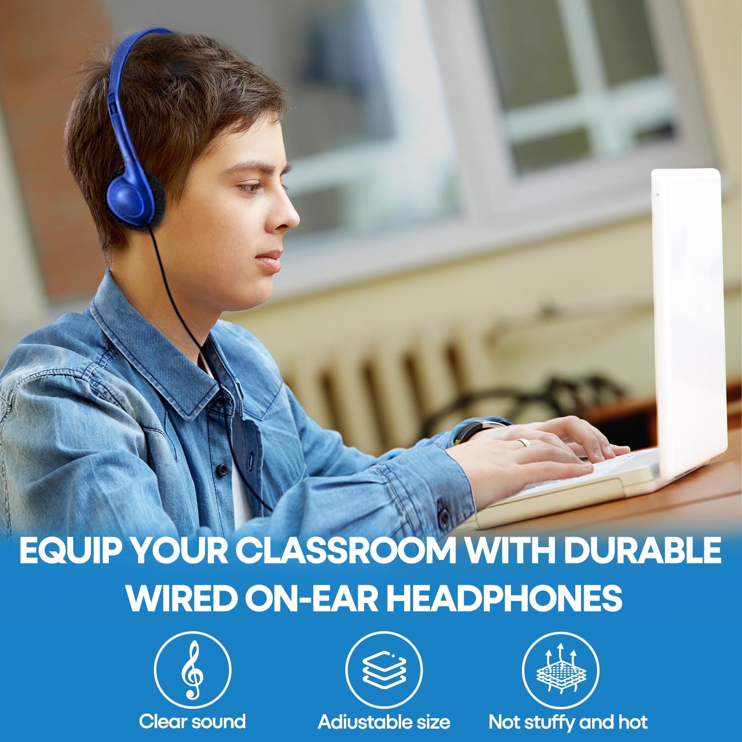 Classroom Headphones Bulk 12 Pack, School Students Kids Adult Wired 3.5mm Blue