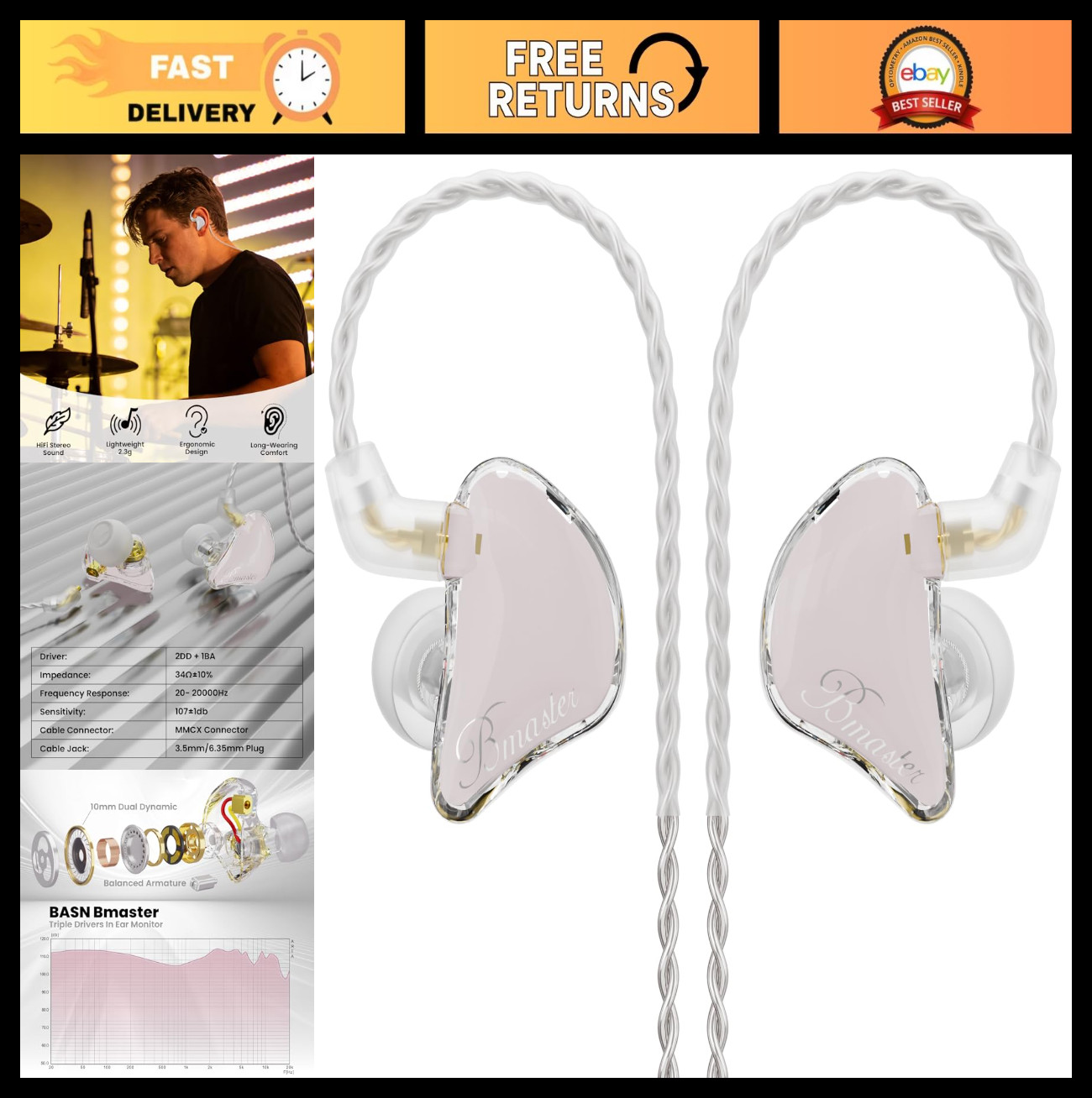 Triple Driver In-Ear Monitor Headphones, HiFi Stereo Earbuds with Powerful Bass,