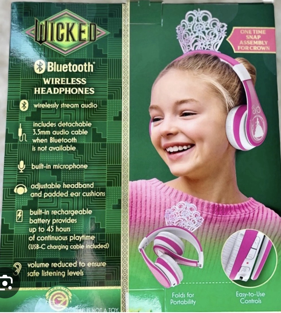 Wicked Bluetooth Wireless Headphones For Kids Pink/White With Crown & Bonus Deta