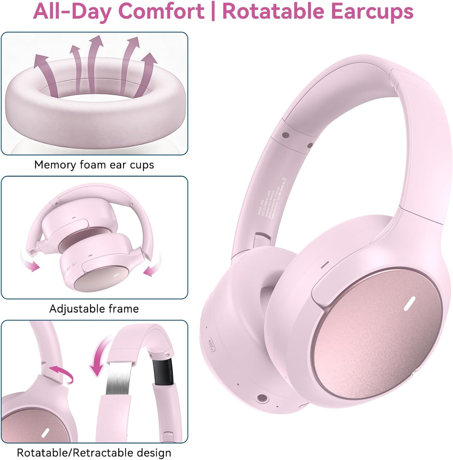 Pink Hybrid ANC Wireless Headphones – 100H Playtime, Hi-Res Audio, Travel-Friend