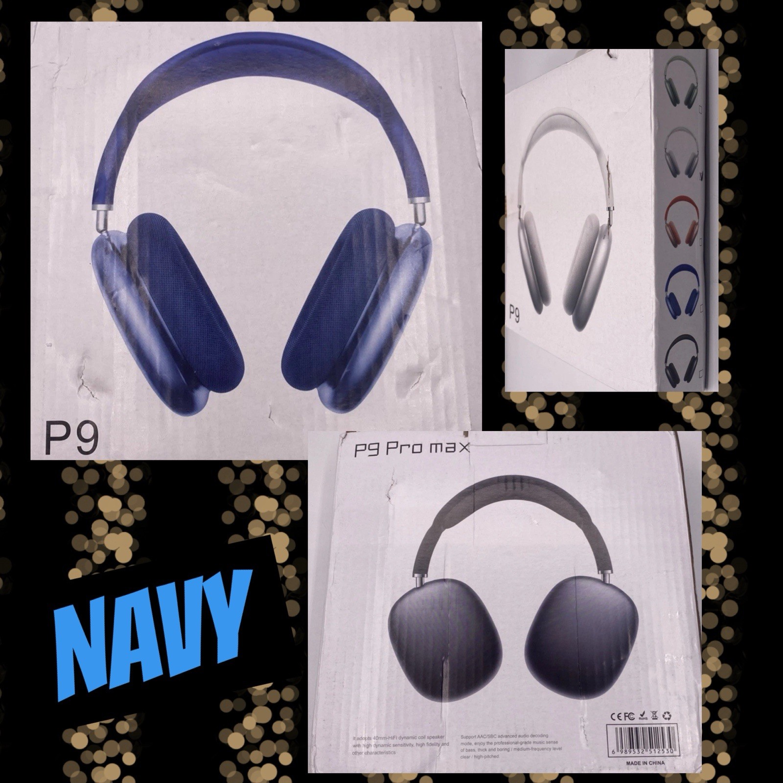 New P9 WIRELESS Hi FI Stereo Headphones Navy Blue Gamer Headset NIB ATL125