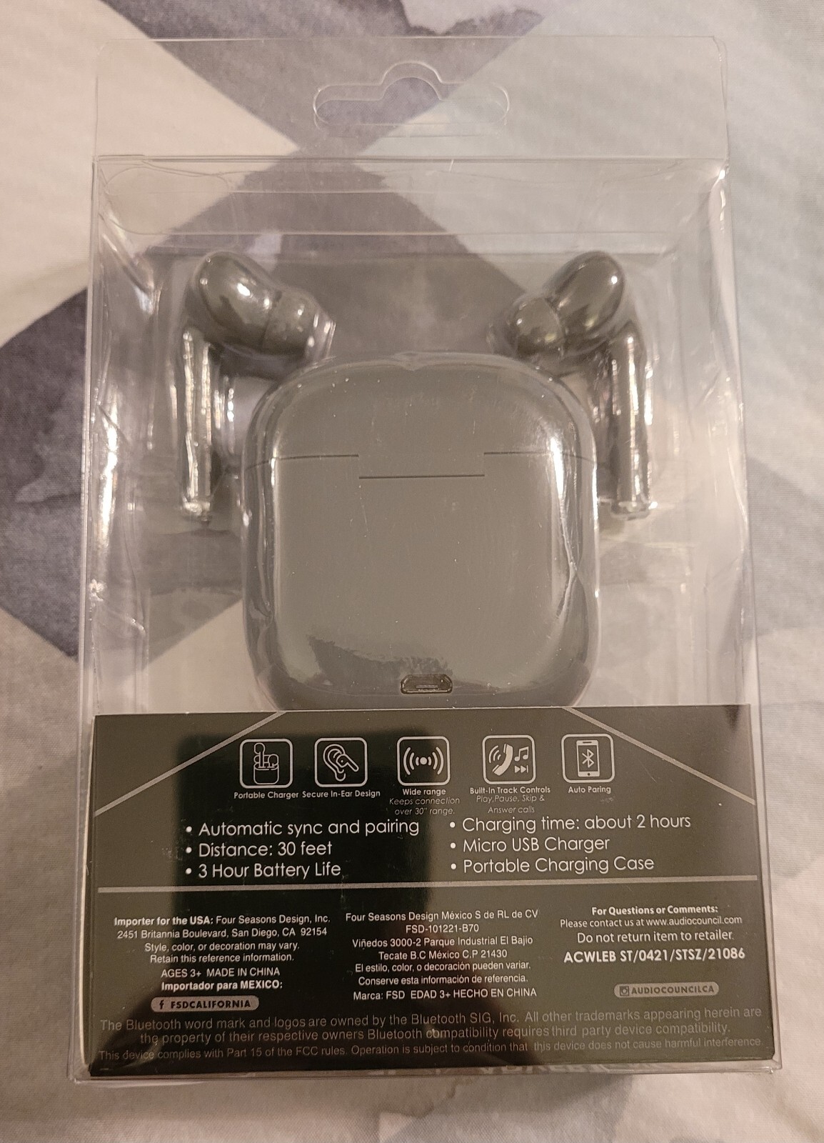 Audio Council True Wireless Bluetooth Earbuds w/ Carging Case ** NEW ** Gray