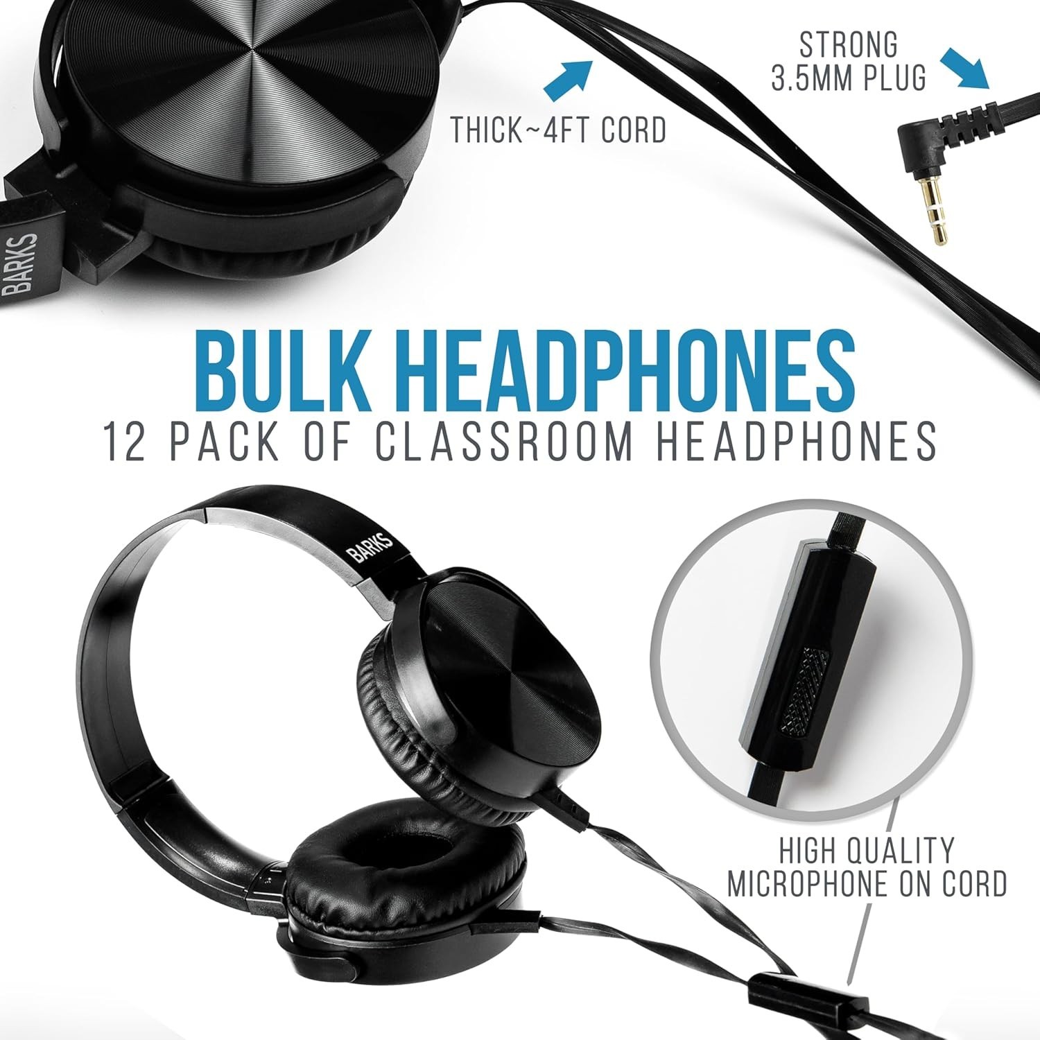 Barks Classroom Headphones w/ Mic – Sapphire, School Use, On-Ear Black Pack12