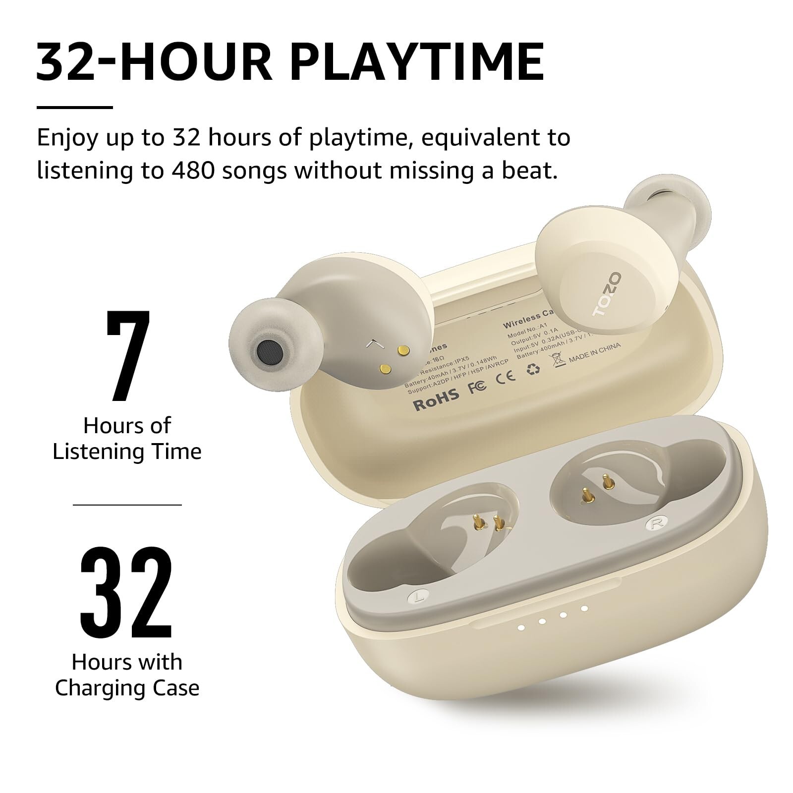 TOZO A1 Bluetooth 5.3 Wireless Earbuds Headphones, Khaki (Renew)