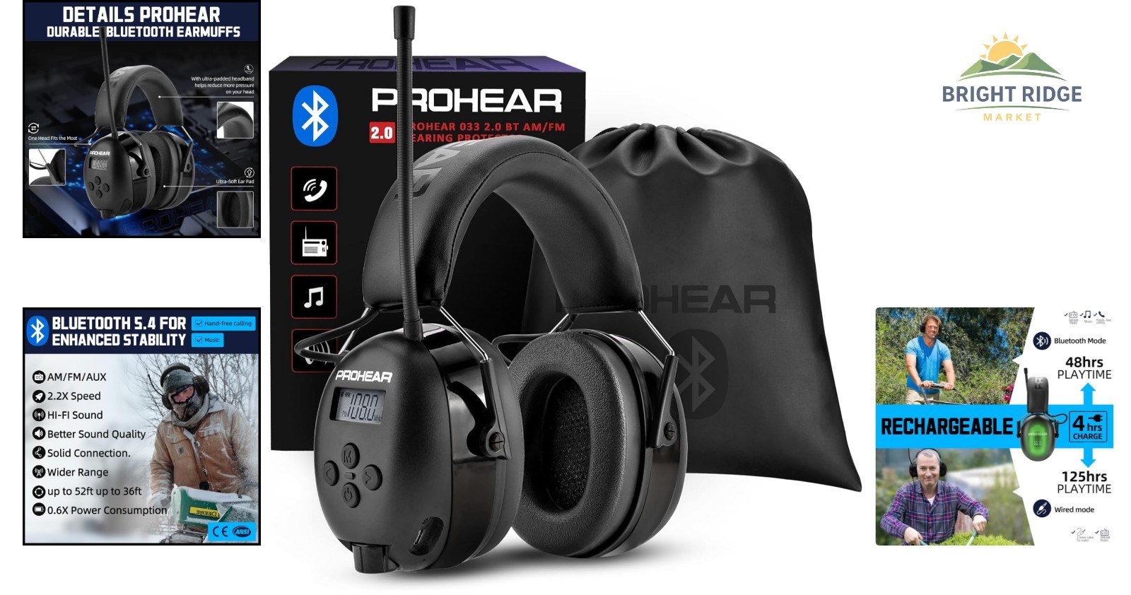 Noise Cancelling Bluetooth Headphones with FM Radio for Mowing and Construction