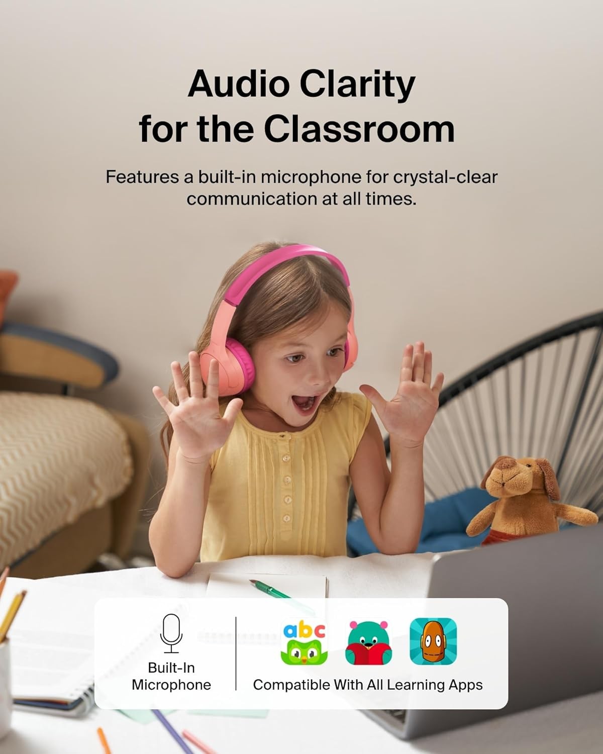 Belkin Wireless Kids Headphones, Volume Limited, 30H Fast Charge, School – Pink