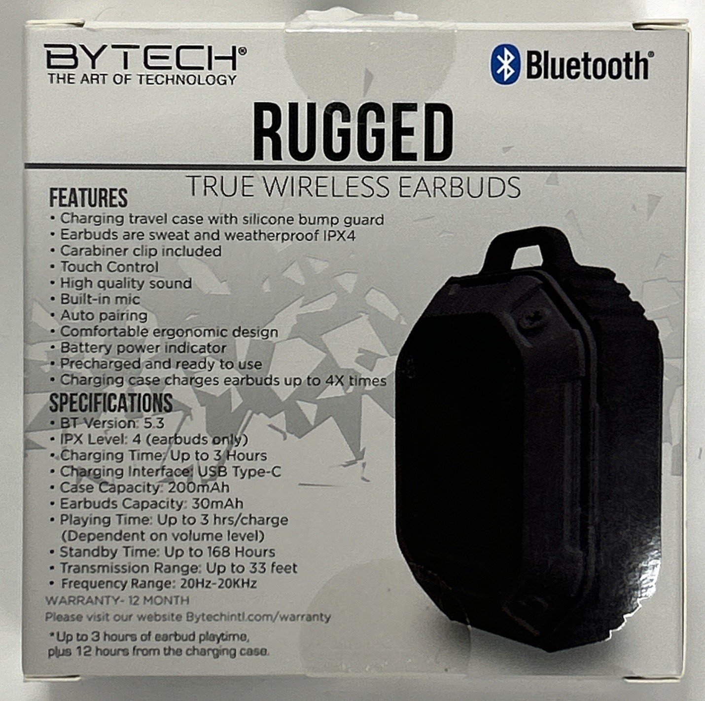 BYTECH RUGGED TRUEWIRELESS EARBUDS IPX4-Black-Works With Siri&Google Assistant