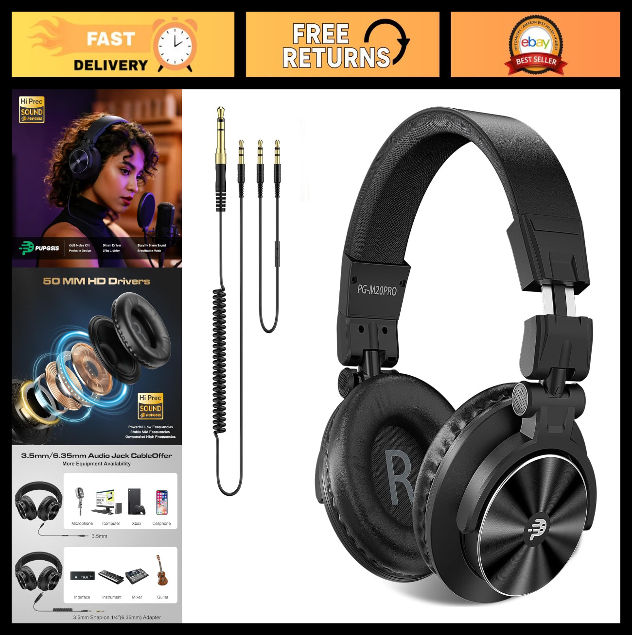 Professional Studio Monitor Headphones – Hi-Res 40kHz DJ Stereo, Wired, 1/4″ to
