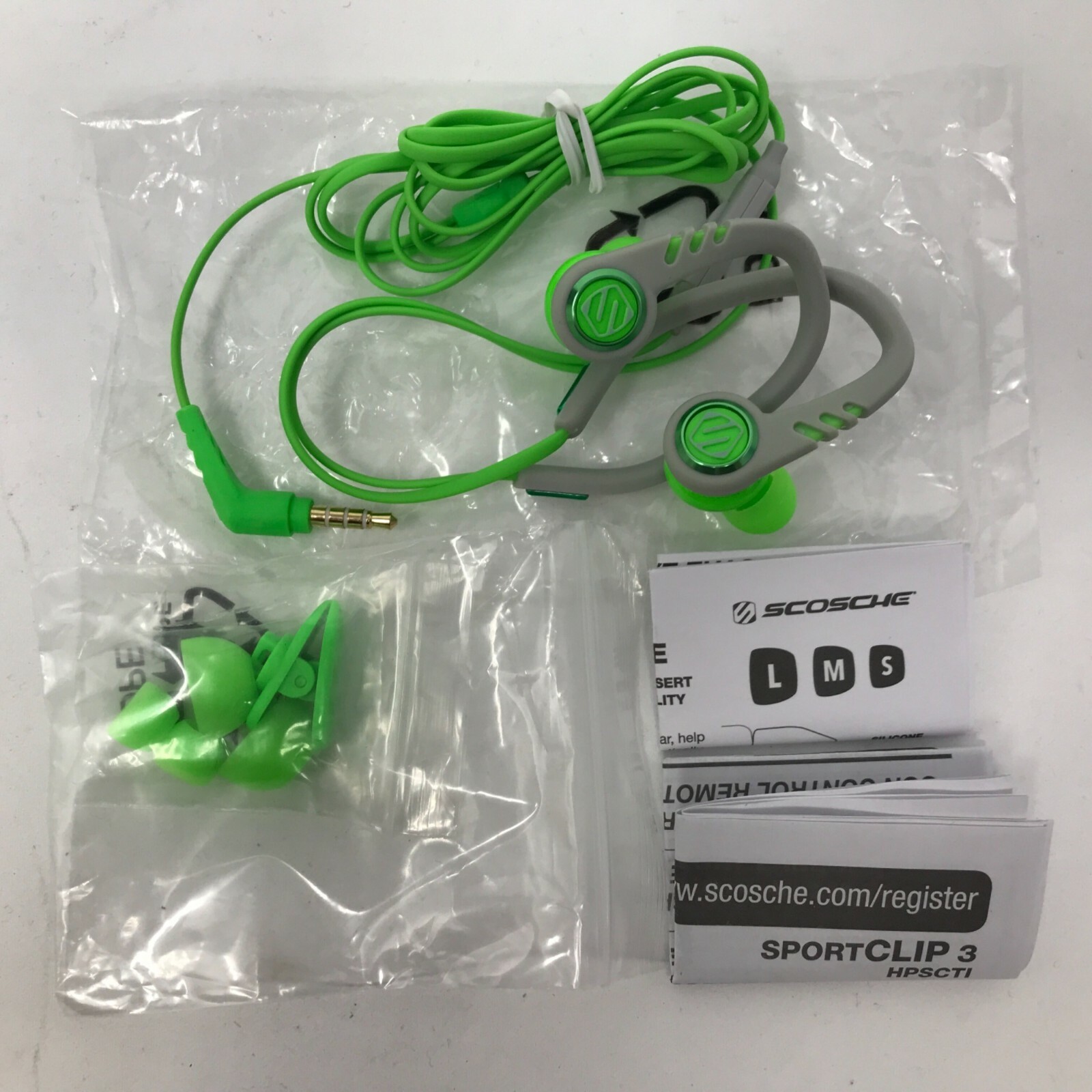 Scosche Sportclip 3 HPSCTI Adjustable Sport Earbuds Green w/ TapIT Remote & Mic