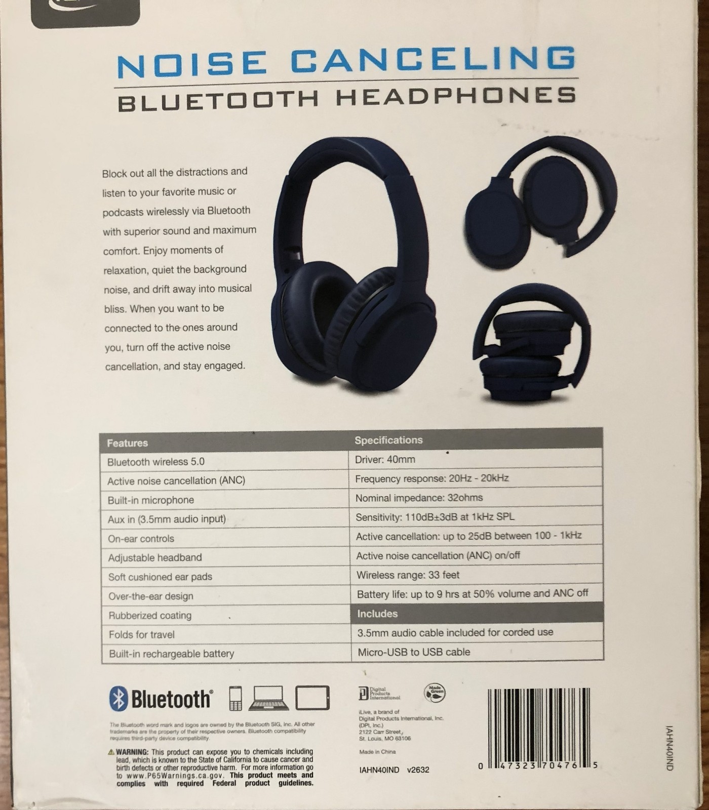 iLive Electronics Active Noise Cancellation Bluetooth Headphones model IAHN40IND