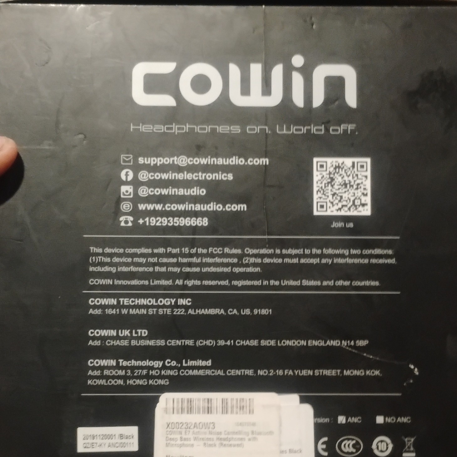Cowin E7 Bluetooth Wireless Headphones Black ANC Built-In Mic 3.5mm Jack