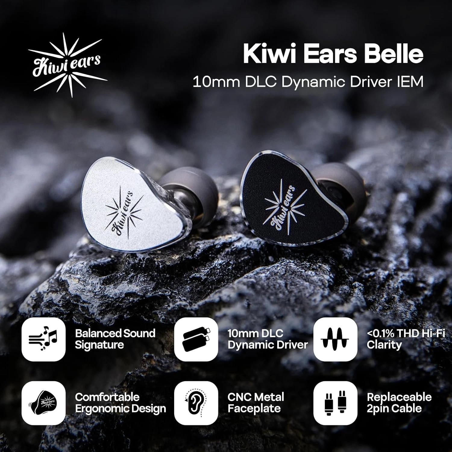 Kiwi Ears Belle In-Ear Monitor 10mm DLC Dynamic Driver Silver with Mic