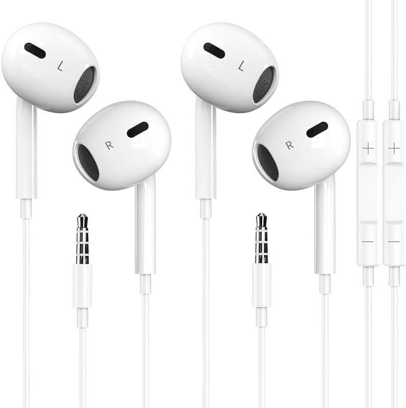 2 Pack Wired Earbuds with Microphone and Volume Contontrol, 3.5mm Jack – White