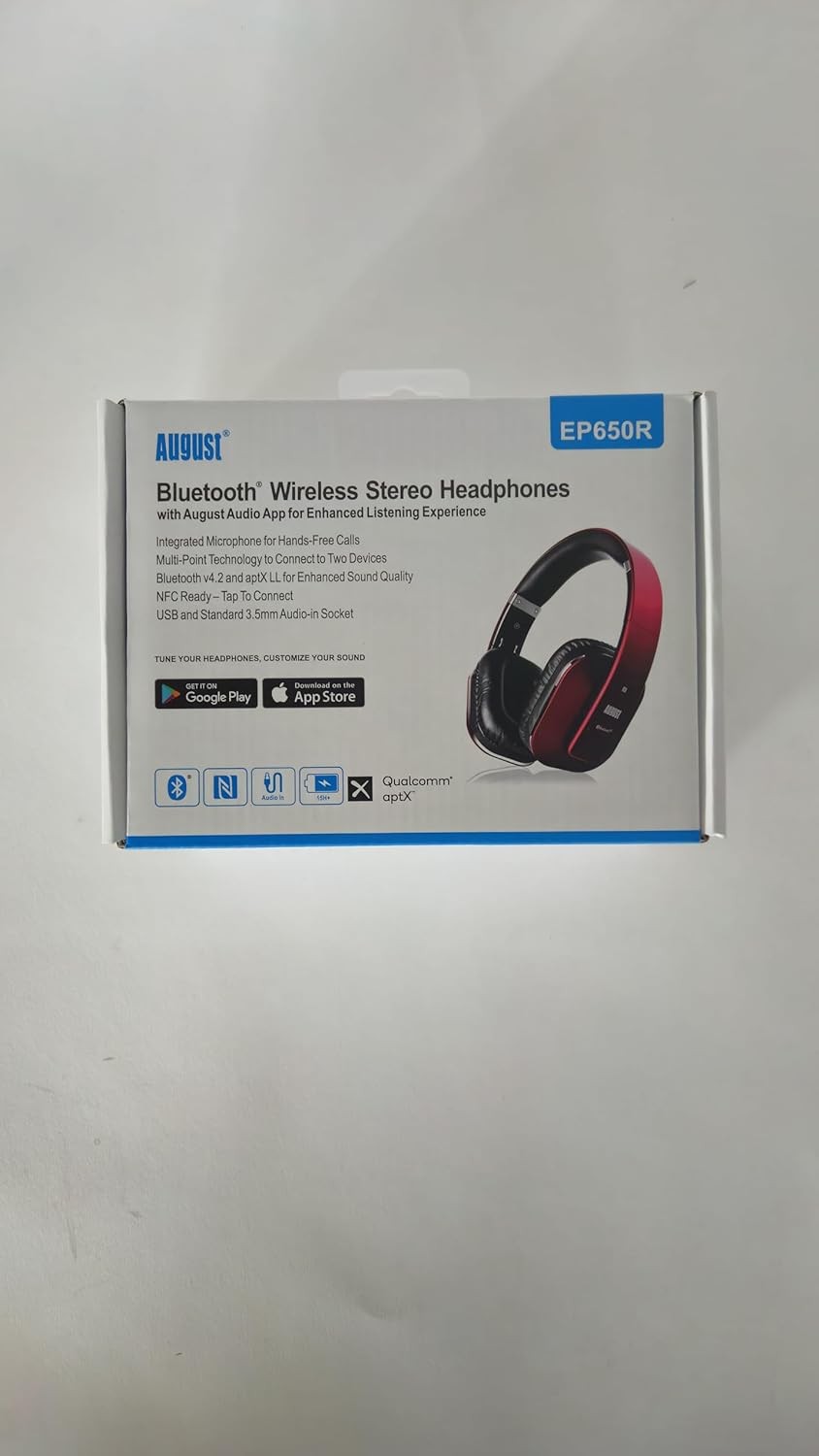 August EP650 Bluetooth Wireless Over-Ear Headphones with aptX Low Red