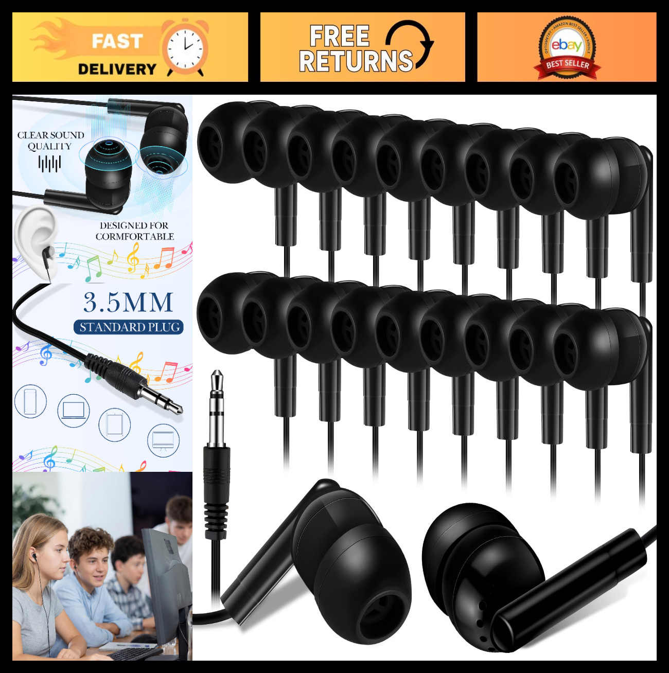 500 Pack Wired Earbuds for Classroom – Basic Student Headphones, 3.5MM Jack, Bul