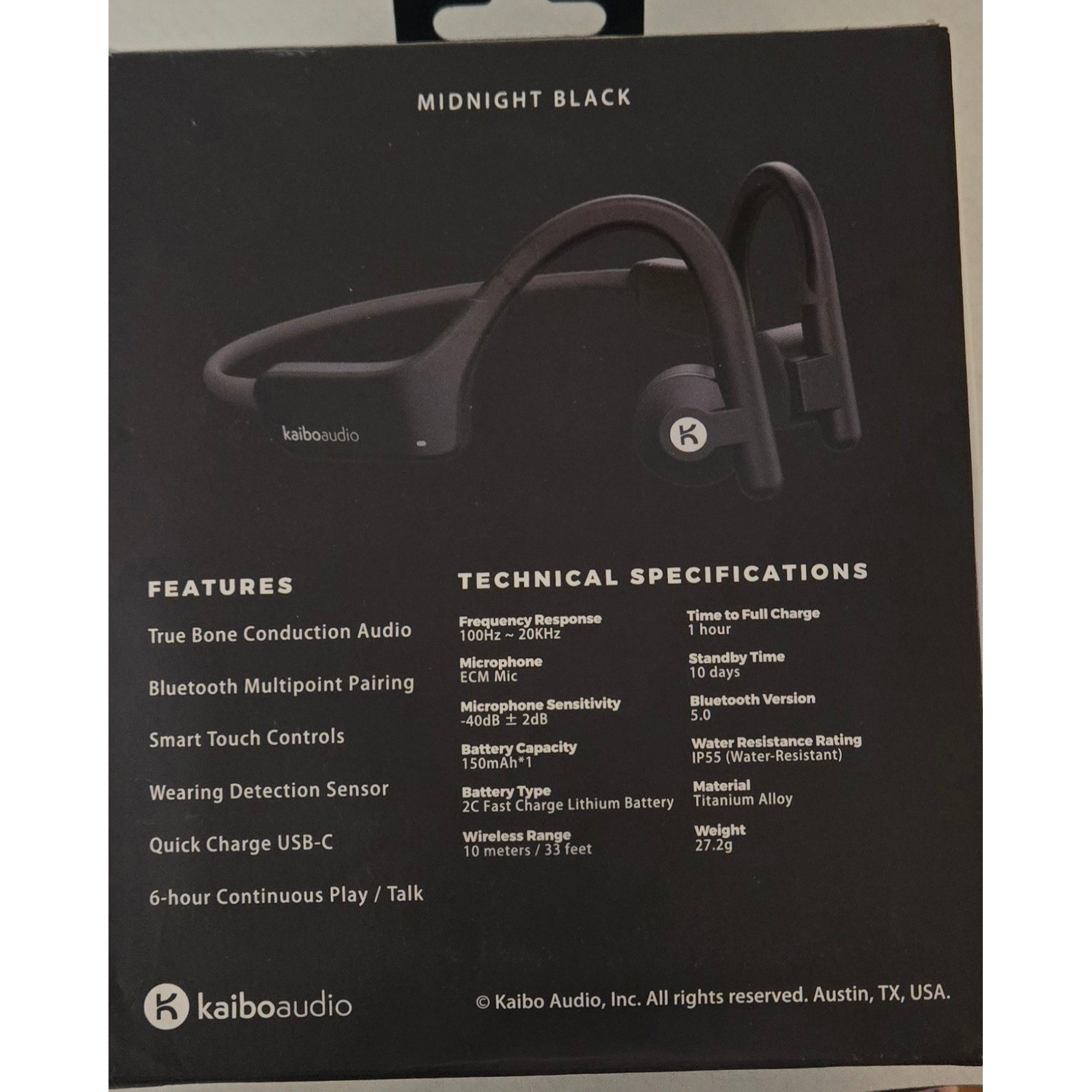 Kaibo Verse Bone Conduction Headphones Midnight Black Bluetooth Open-Ear New