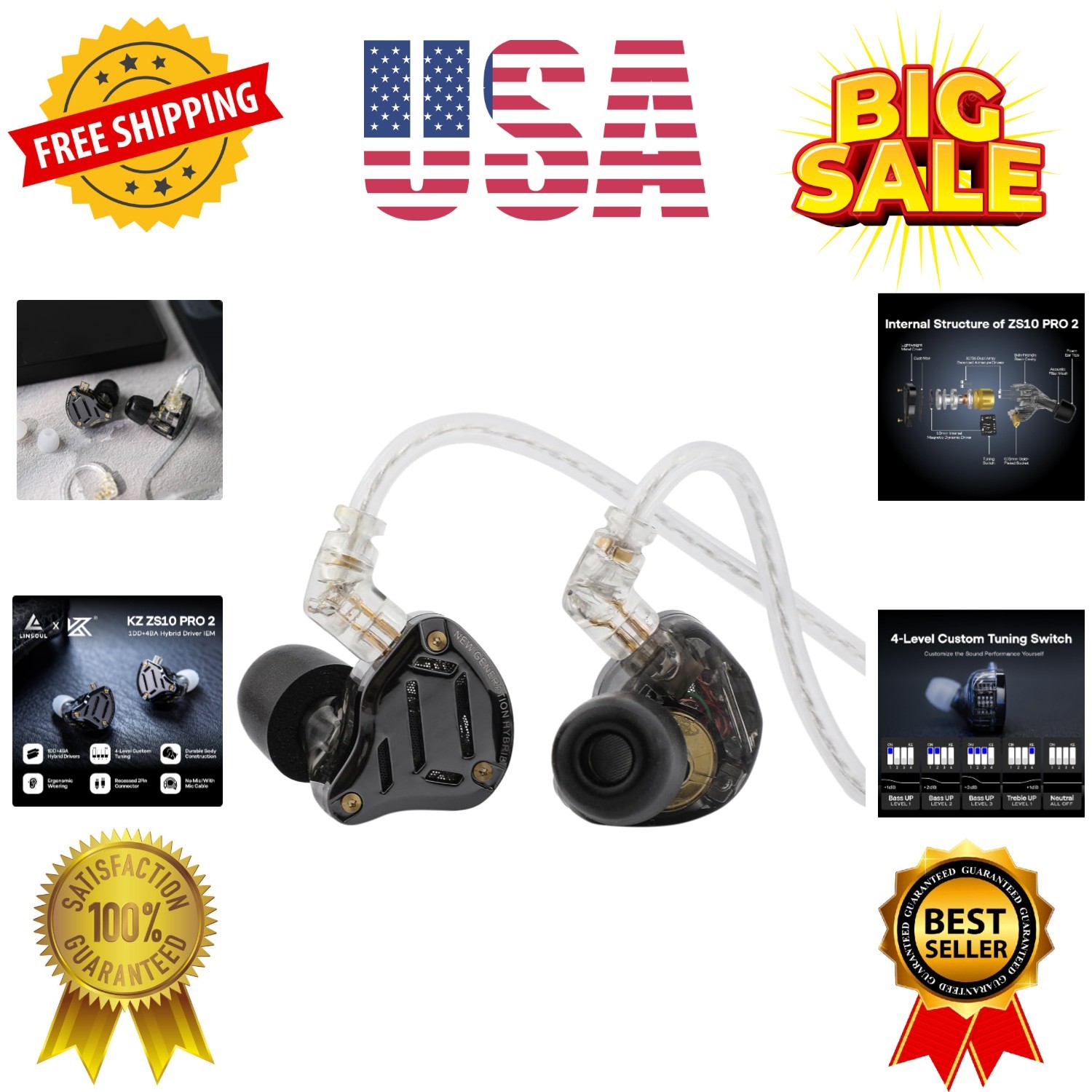 KZ ZS10 PRO 2 In Ear Monitor IEM, 1DD+4BA Hybrid Wired Earbuds, with 4-Level …