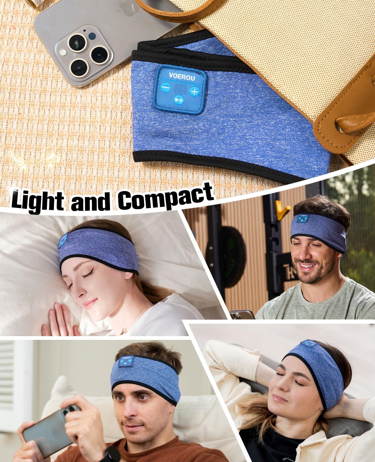 Voerou Sleep Headphones, Bluetooth 5.4 Headband for Men Women, Light Blue