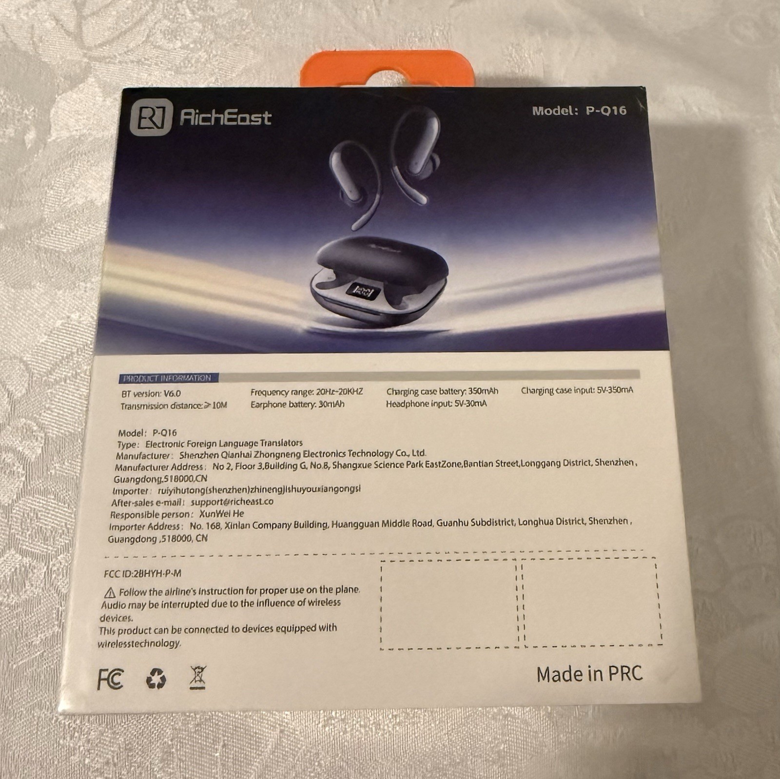 RichEast P-Q16 Bluetooth Wireless Ear-hook Earbuds Noise Cancel 13mm Black