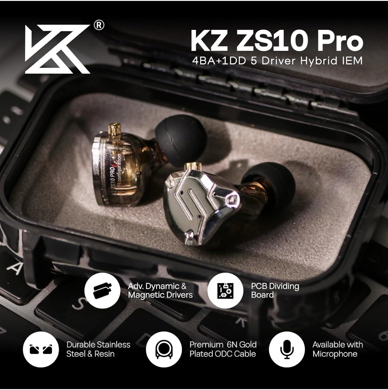 Linsoul KZ ZS10 Pro, 4BA+1DD 5 Driver in Ear Monitor, HiFi Wired with Mic, Black