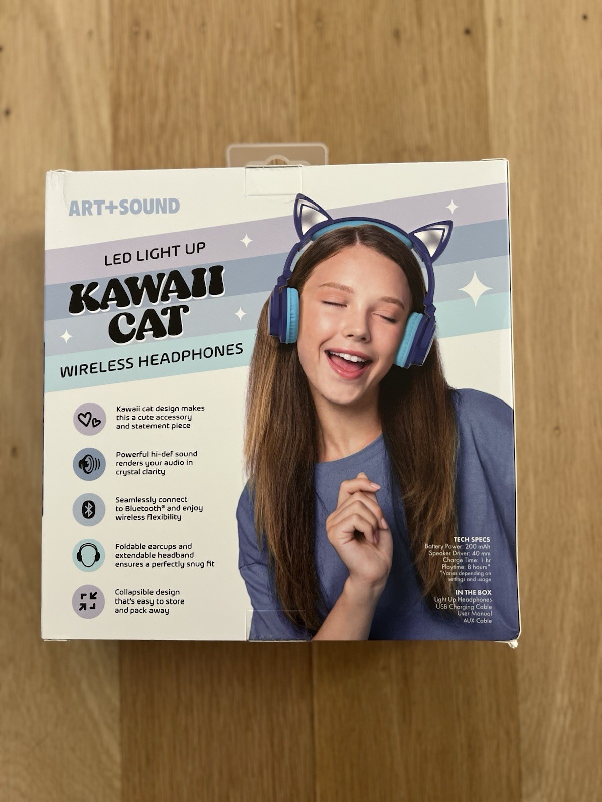 ART+SOUND Kawaii Cat Bluetooth Headphones Blue LED Lights Foldable Over-Ear