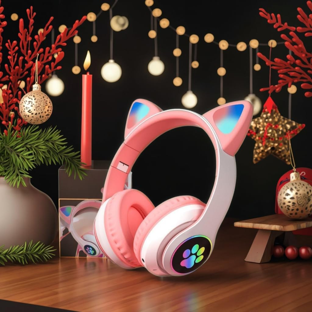 Cat Ear Bluetooth Headphones LED Wireless Foldable Over Ear Kids Adults White